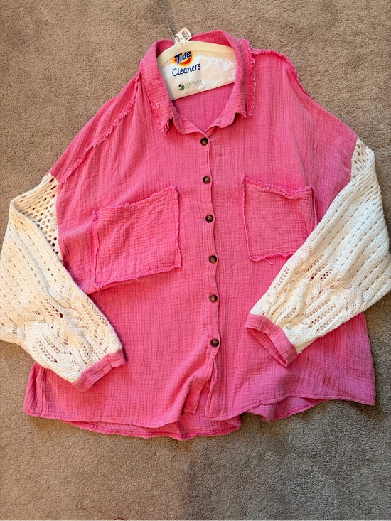 POL Tops - POL Pink Button-Front Mixed-Sleeve Women's Top